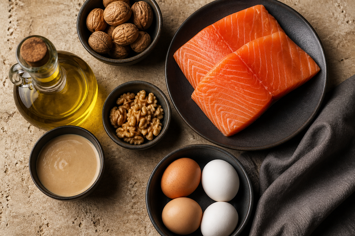 Top-down editorial food photograph of olive oil, salmon, eggs, walnuts, tahini, and dark ceramic bowls on warm limestone, no people, rich amber and charcoal accents.