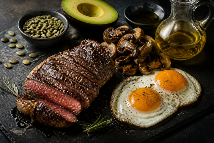 Distinctive low-carbohydrate dinner still life with steak, eggs, mushrooms, olive oil, and seeds on dark slate, no people, high-contrast restaurant-quality food photography.