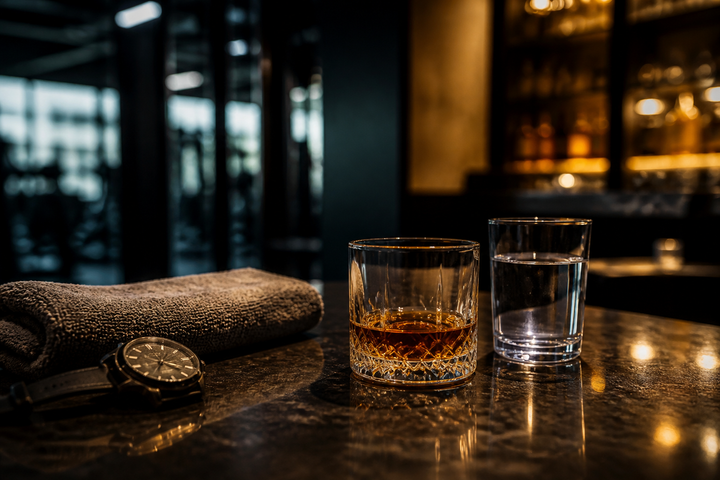 Single whiskey glass and water glass on a bar-height table beside a folded gym towel and watch, no people, restrained cautionary mood, cinematic low-light still life with amber highlights.