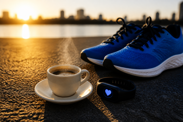 Espresso cup beside running shoes and a heart-rate watch at dawn, no people, strong graphic shadows, energetic cobalt, cream, and black sports still life.
