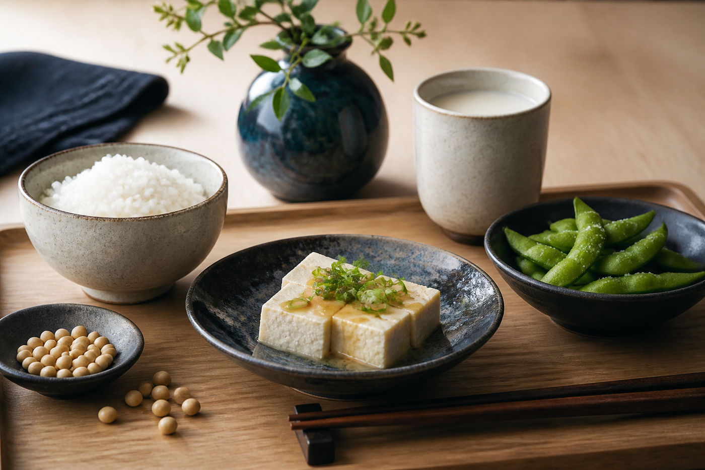 Elegant Japanese-inspired meal with tofu, edamame beans, soy milk, and rice in sculptural ceramics, no people, pale wood and muted indigo food photography.