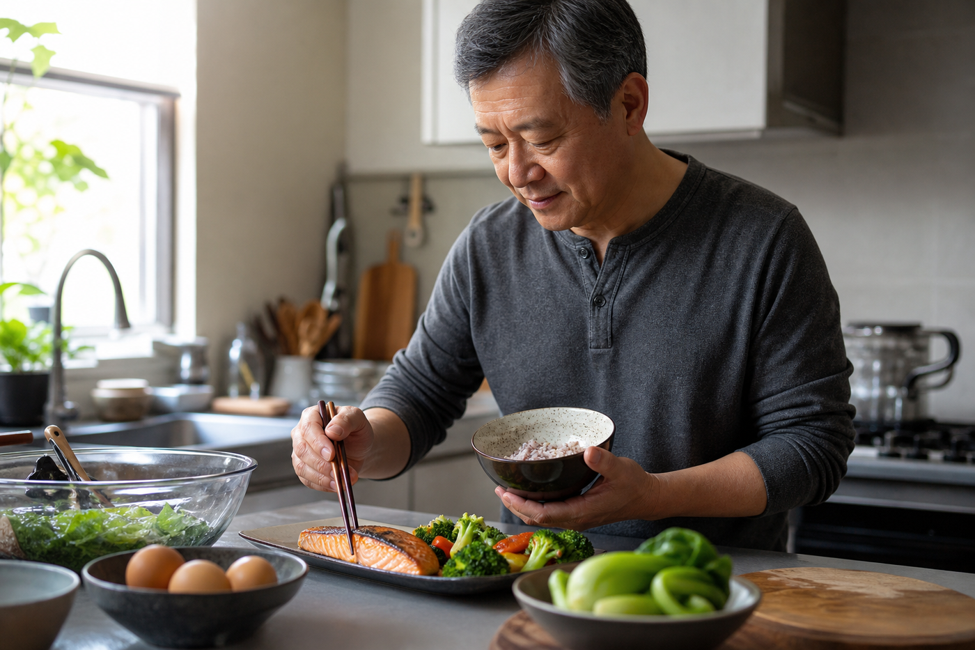Older Asian man around age 60 preparing a balanced high-protein meal in a compact modern kitchen, fish, eggs, rice, and vegetables visible, candid warm lifestyle photography.