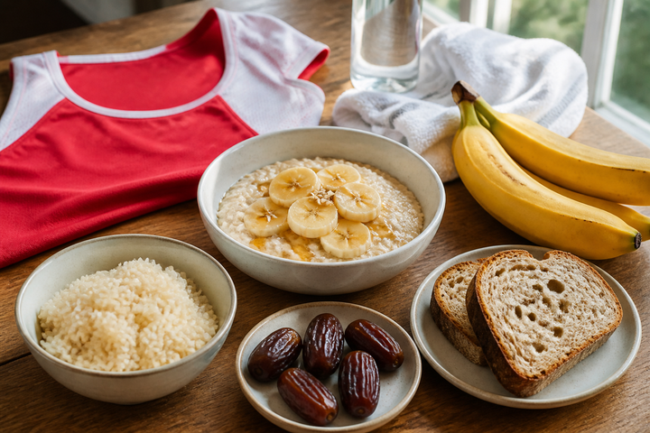 Runner's fueling table with oats, rice, sourdough, bananas, dates, and a folded race singlet, no people, bright clean sports nutrition photography with red and cream accents.