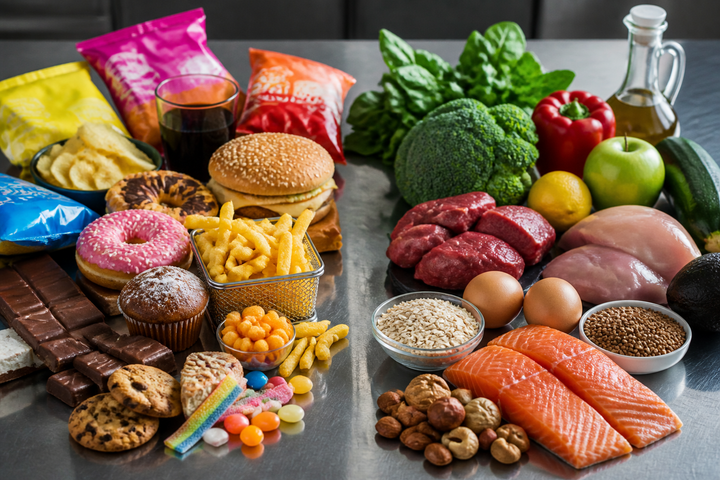 Editorial grocery comparison with colorful unbranded packaged snacks on one side and whole foods on the other, no people, carefully arranged on a steel counter, bold documentary still life.