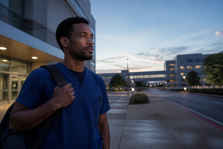 Black male nurse around age 34 leaving a hospital after a night shift as the sky turns pale blue, carrying a simple backpack, candid urban documentary photography.