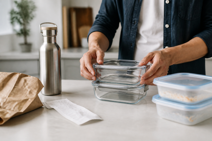 Hands replacing plastic food containers with glass containers on a clean kitchen counter, stainless bottle and paper receipt nearby, no face, practical exposure-reduction editorial photography.