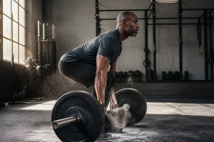 Athletic Black man around age 46 performing a controlled deadlift in an industrial-style gym, side profile, chalk dust and dramatic window light, gritty premium training photography.