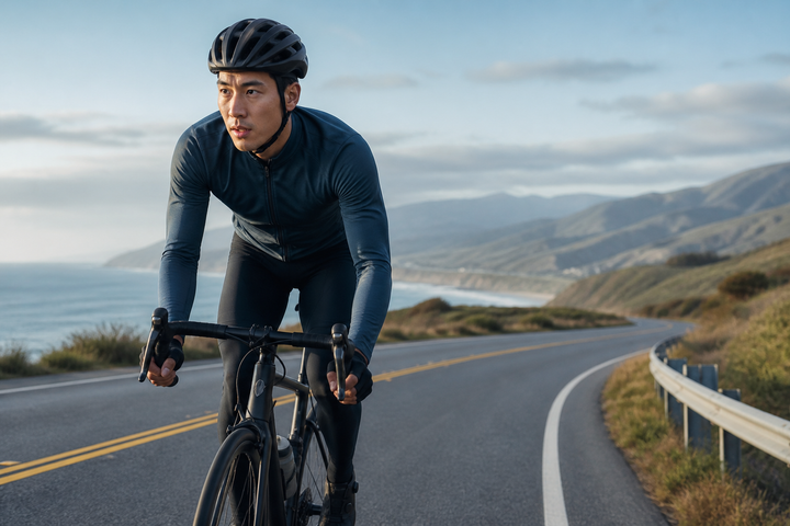 Young East Asian man cycling on an open coastal road in cool morning light, helmet and slate-blue kit, dynamic wide environmental sports photography.