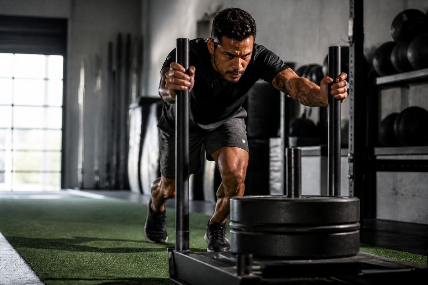 Muscular Latino man around age 32 driving a weighted sled across an indoor turf lane, intense but technically controlled effort, low-angle action sports photography.