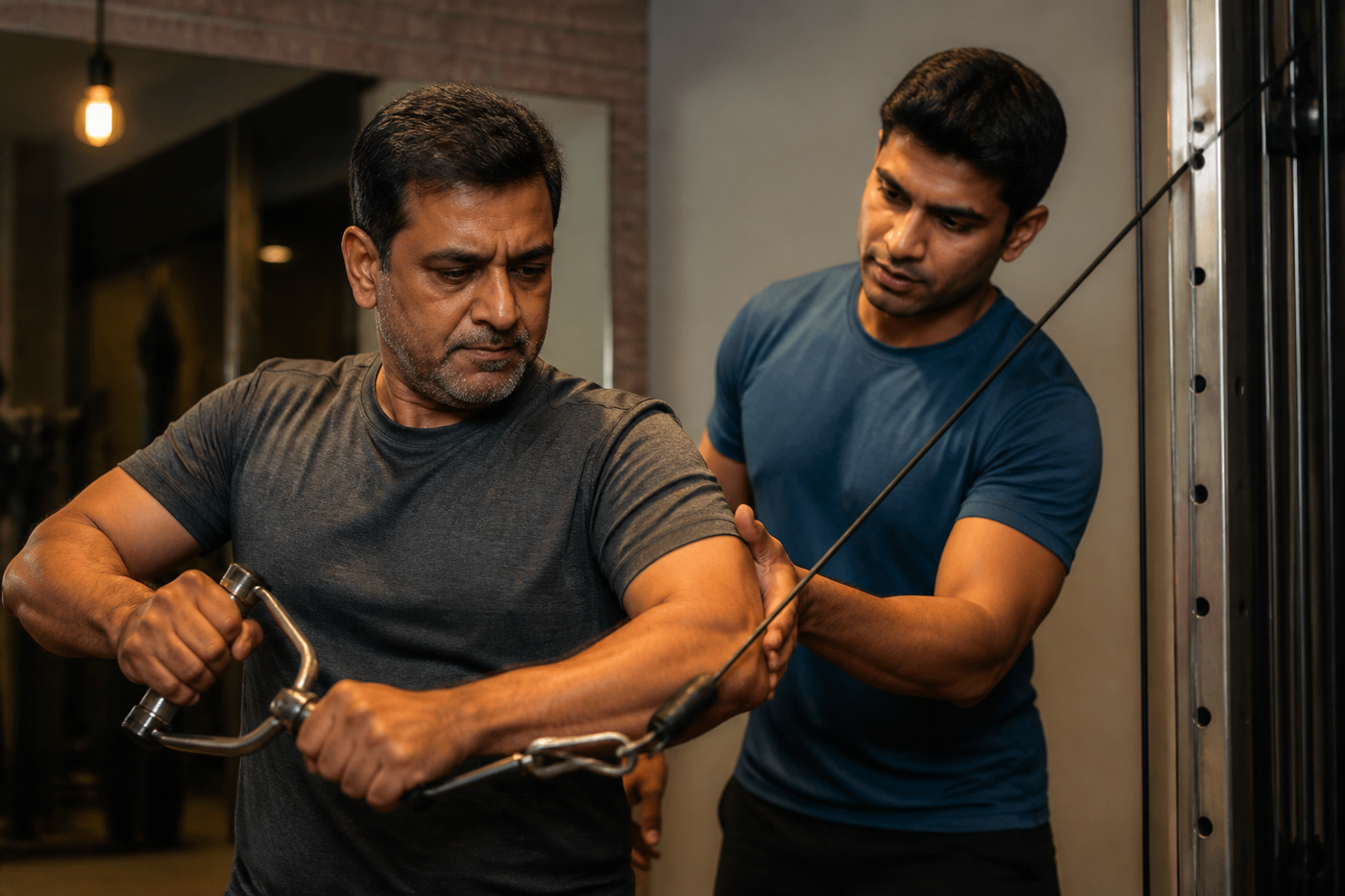 South Asian man around age 48 strength training with a male coach using a cable machine, realistic non-model physique, encouraging private studio scene, warm documentary photography.