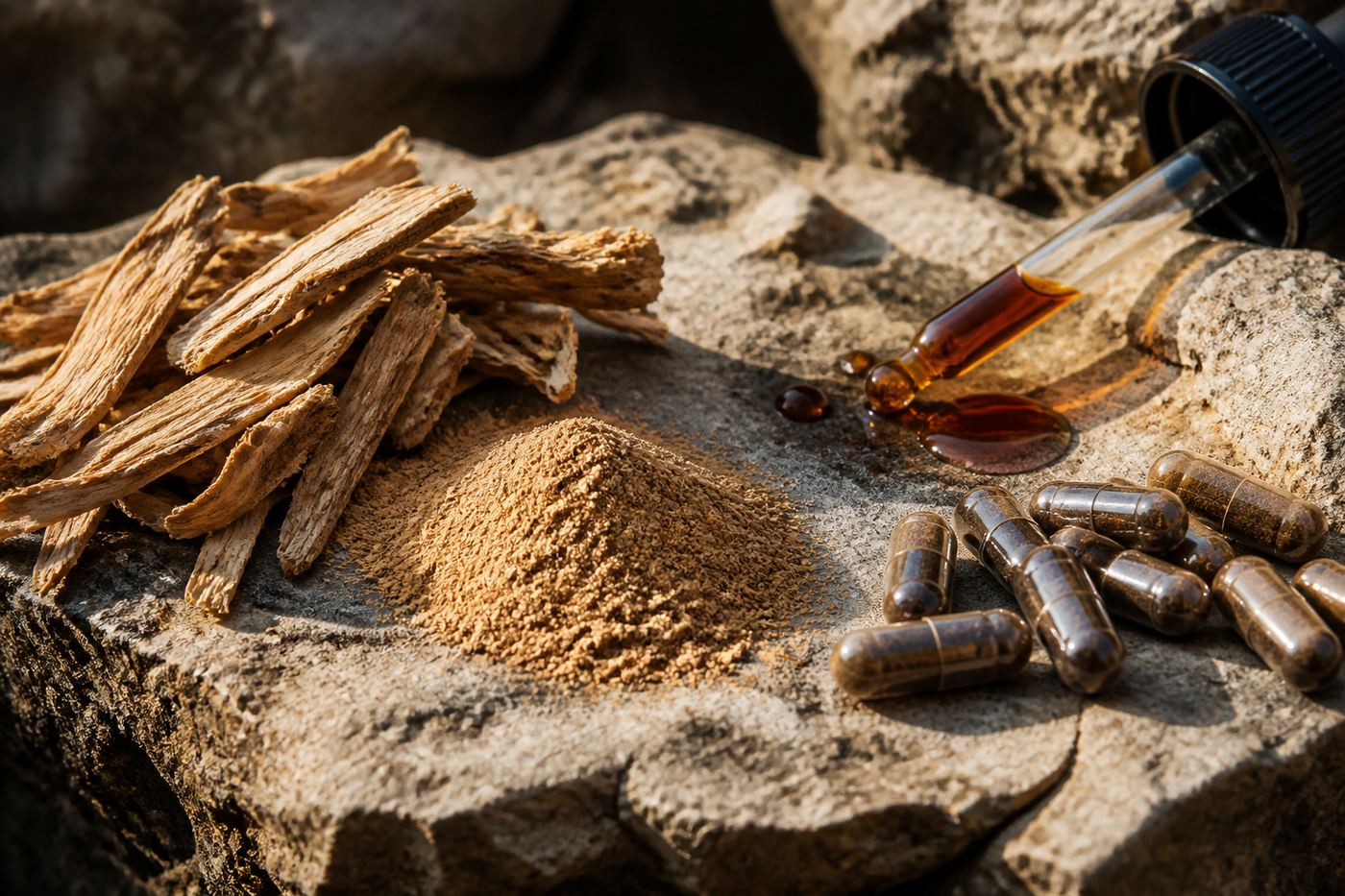 Macro botanical photograph of tongkat ali root chips, fine root powder, amber extract drops, and dark capsules on weathered limestone, no people, rich brown and gold natural textures.