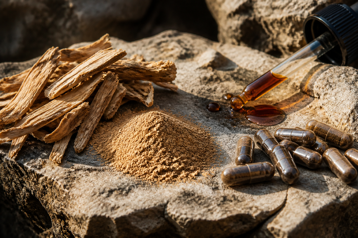 Macro botanical photograph of tongkat ali root chips, fine root powder, amber extract drops, and dark capsules on weathered limestone, no people, rich brown and gold natural textures.