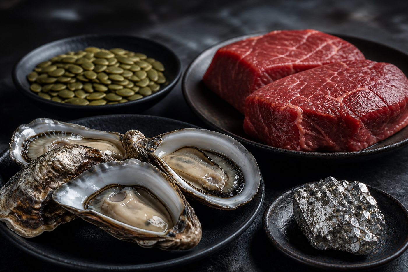 Scientific nutrition still life of oysters, pumpkin seeds, beef, and a small metallic zinc-inspired mineral sample on dark ceramic plates, no people, dramatic food photography.