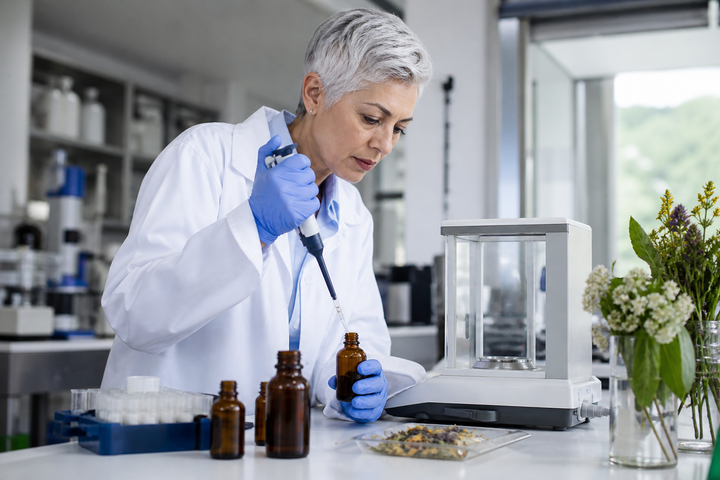 Female laboratory scientist with short silver hair measuring a botanical extract into amber glass using precision equipment, modern quality-control lab, crisp documentary science photography.