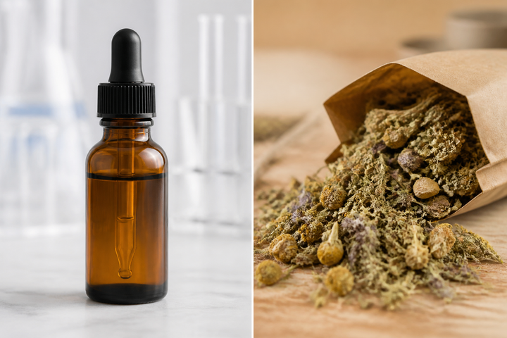 Graphic split still life, standardized amber extract vial with precision dropper on one side and loose unidentified dried herbs in a paper pouch on the other, no people, clean comparison photography.