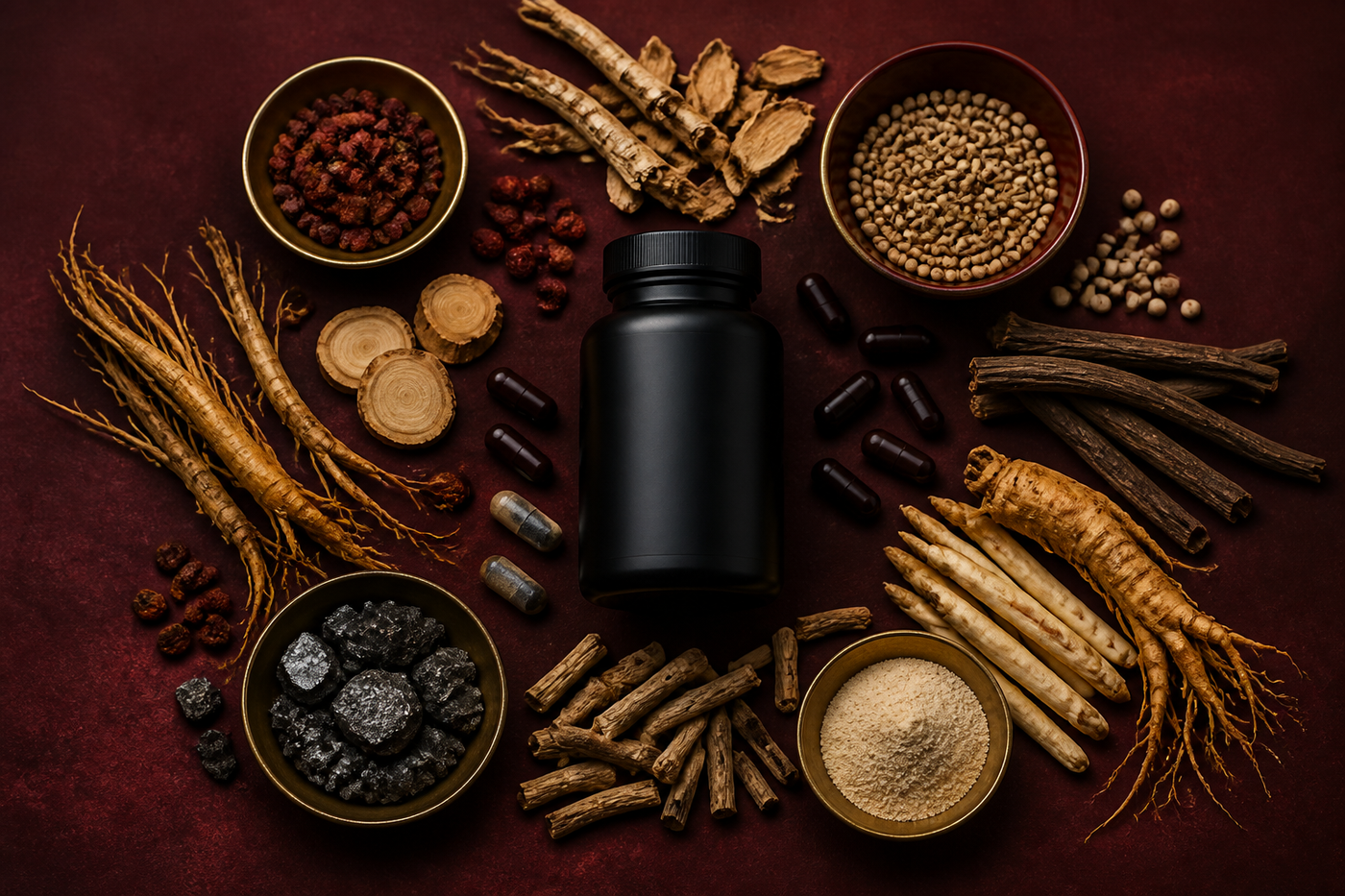 Overhead radial composition of distinct botanical roots, seeds, minerals, and dark capsules surrounding one unbranded matte bottle, no people, sophisticated burgundy, ivory, and brass palette.