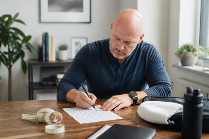 Bald white man around age 52 at a home desk marking a plain habit tracker with no readable words, tape measure, watch, and gym notebook nearby, bright organized lifestyle photography.