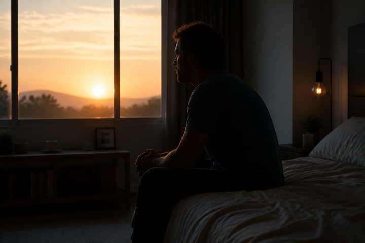Tasteful non-explicit sunrise bedroom scene with a fit man in his late 30s shown only in side silhouette sitting at the edge of the bed, contemplative and medically appropriate, warm cinematic photography.