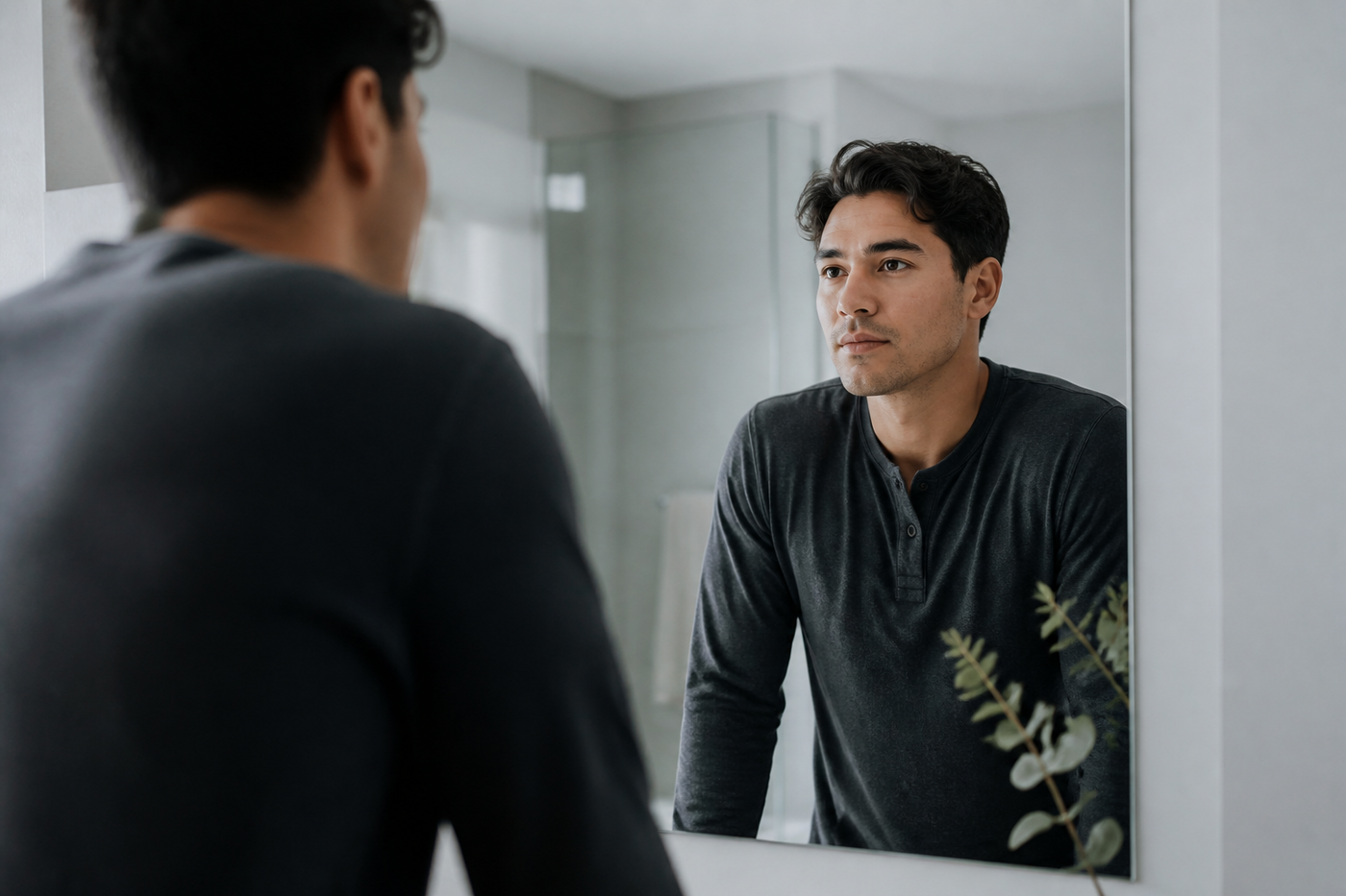 Tasteful private-health portrait of a clean-shaven man around age 30 with mixed heritage looking thoughtfully into a bathroom mirror, fully clothed, calm and non-explicit, cool minimalist editorial photography.