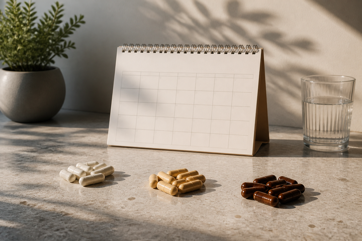 Conceptual 90-day progression still life using three groups of capsules, a plain page calendar with no readable numbers, and changing morning shadows across a stone desk, no people, elegant time-lapse feel.