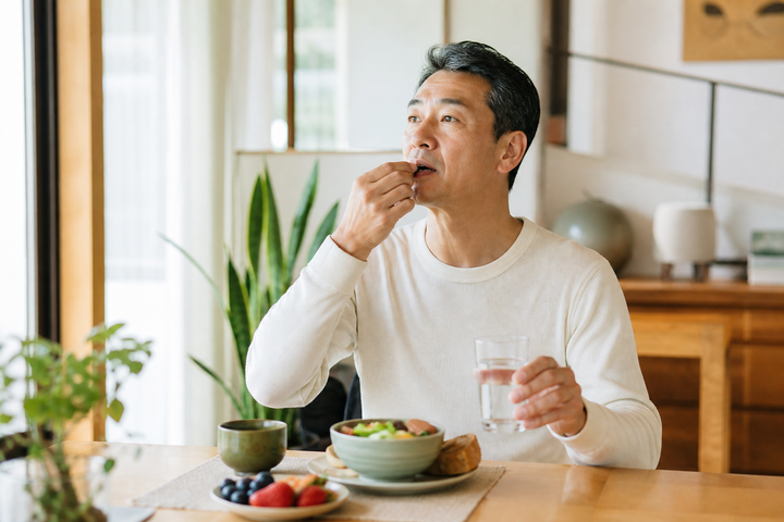 Japanese American man around age 57 taking capsules with water during breakfast in a sunlit dining room, relaxed morning routine, cream shirt, candid premium lifestyle photography.