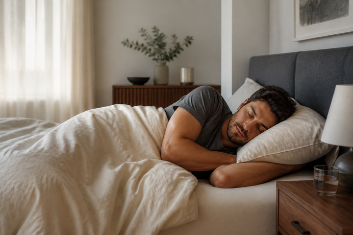 Man sleeping in a modern bedroom at dawn