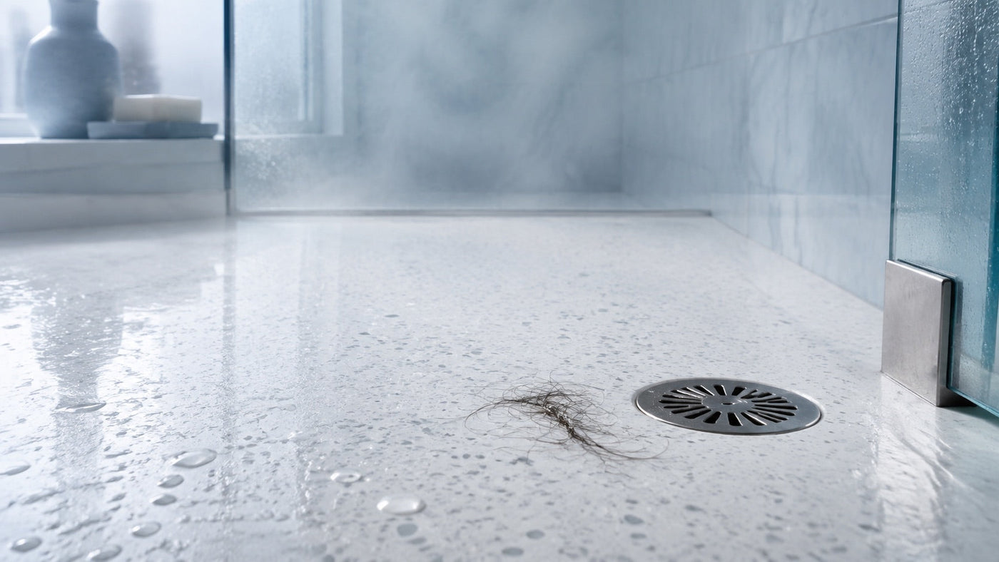Small realistic cluster of shed hair beside a clean shower drain