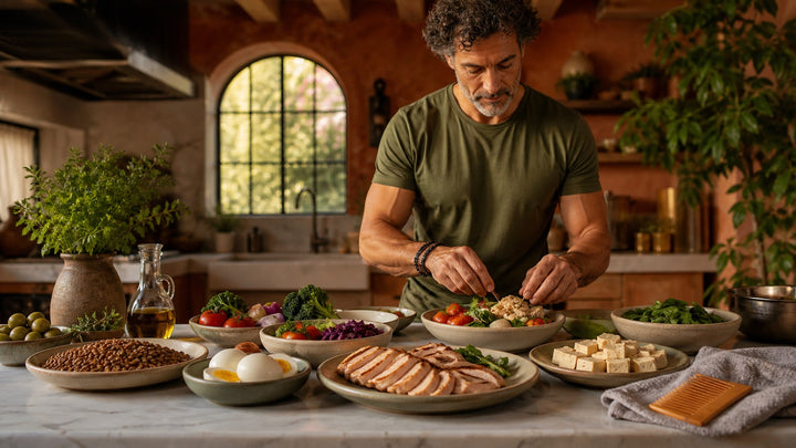 Man preparing a varied protein-rich meal with chicken, tofu, eggs, and lentils