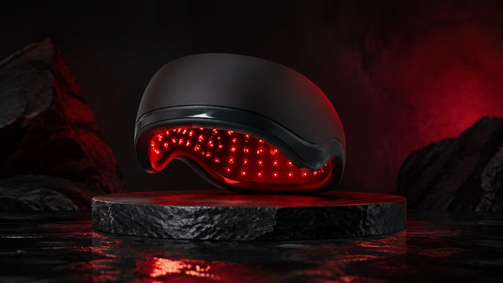 Low-level red light therapy cap prepared for a hair-loss treatment session