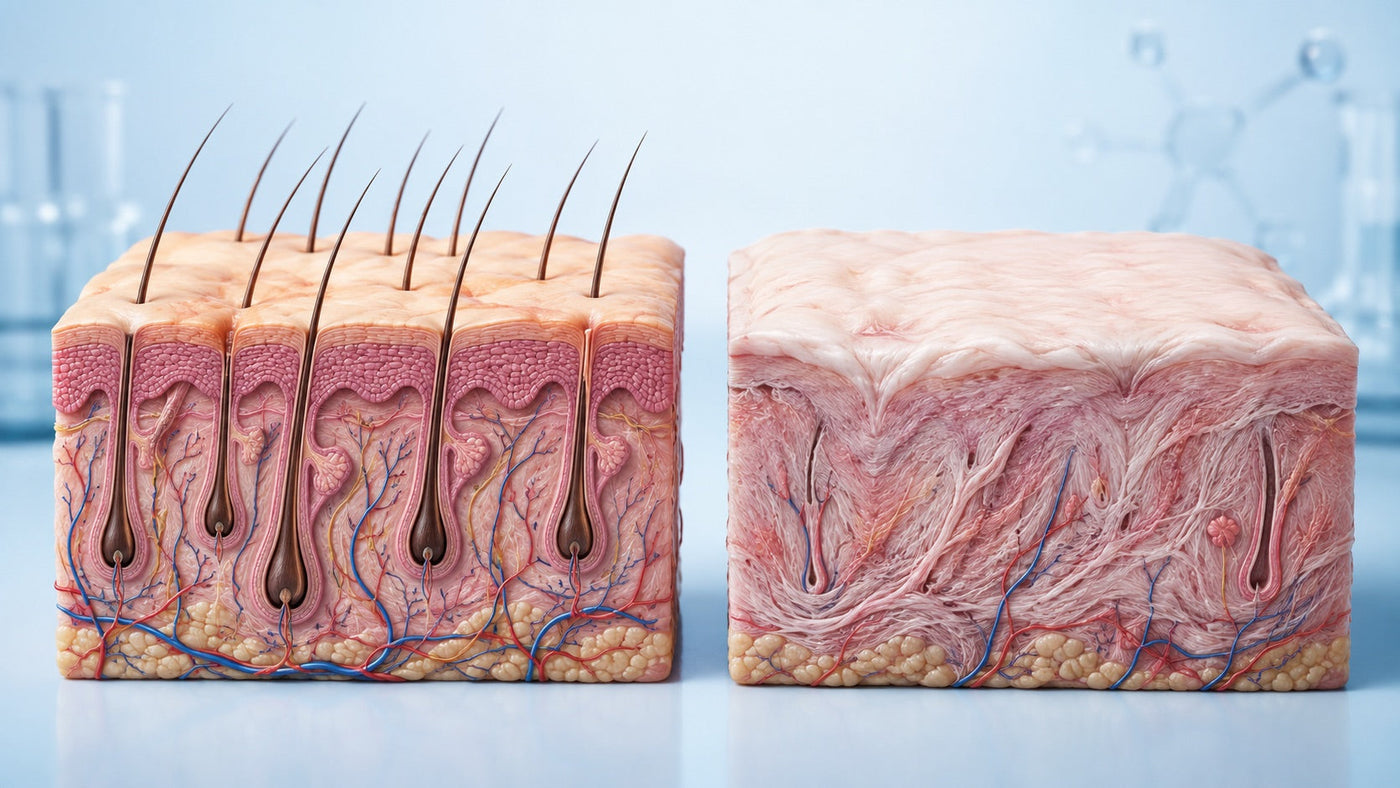 Medical illustration comparing healthy follicles with scarred hair follicles