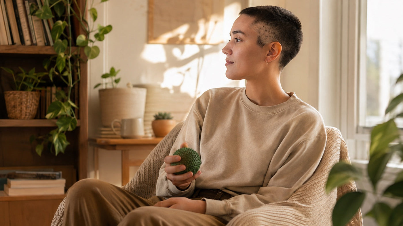 Person with irregular short temple hairs holding a stress ball in a calm setting