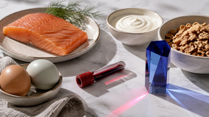 Vitamin B12 foods with a blood sample and cobalt-blue laboratory prism