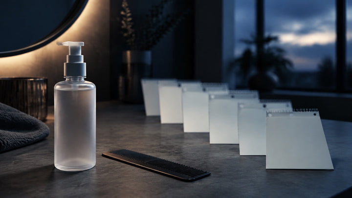 Empty hair-treatment bottle, comb, and blank calendar cards after stopping minoxidil